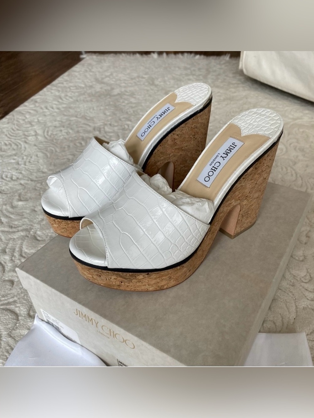 Jimmy Choo Deedee White Croc-Embossed Cork Platform Mules Size 39.5
